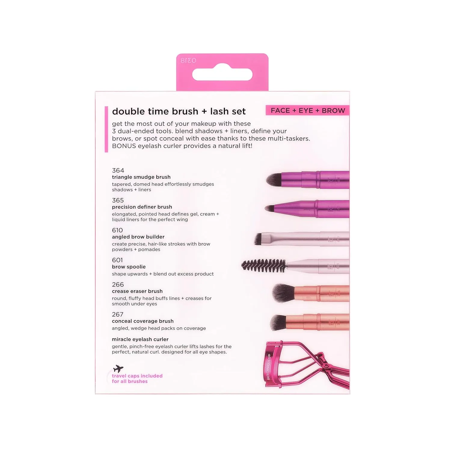 Real Techniques Double Time Brush   Lash 4 Piece Set, Dual-Ended Eye Makeup Brushes For Eyeshadow & Brows, Travel-Friendly Brush Caps For Storage, Eyelash Curler Included, Cruelty-Free