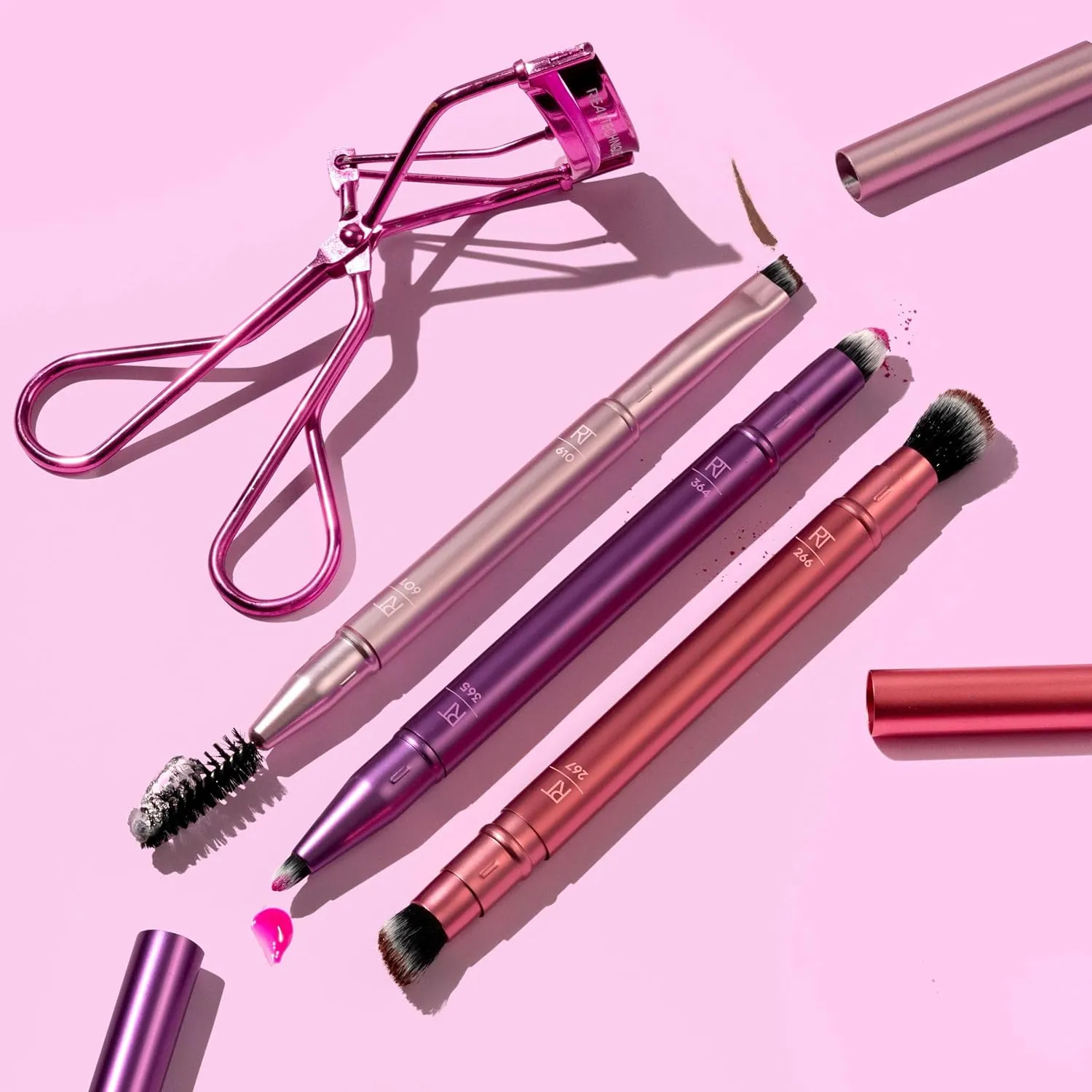 Real Techniques Double Time Brush   Lash 4 Piece Set, Dual-Ended Eye Makeup Brushes For Eyeshadow & Brows, Travel-Friendly Brush Caps For Storage, Eyelash Curler Included, Cruelty-Free