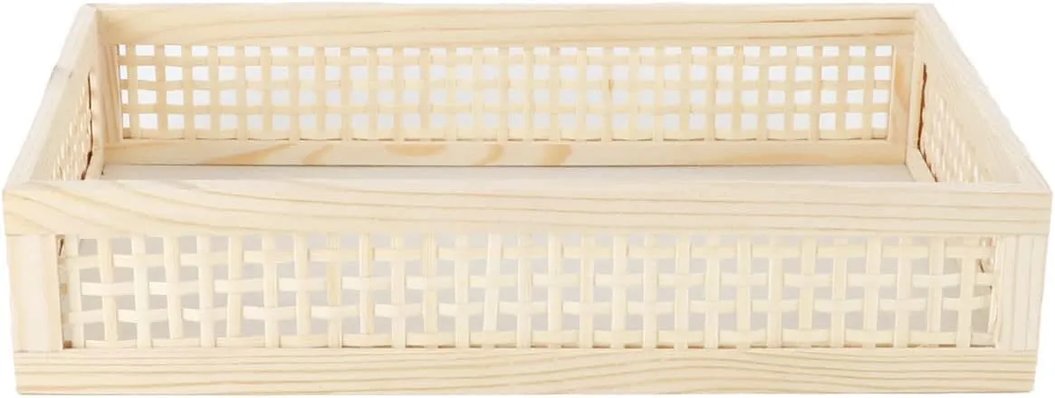 Rectangular Wooden Bamboo Serving Tray with Handles, Handwoven Rattan Decorative Display Serving Platters, Guest Towel Napkin Holder for Dining Bathroom Table Desktop (Rectangular Bamboo)