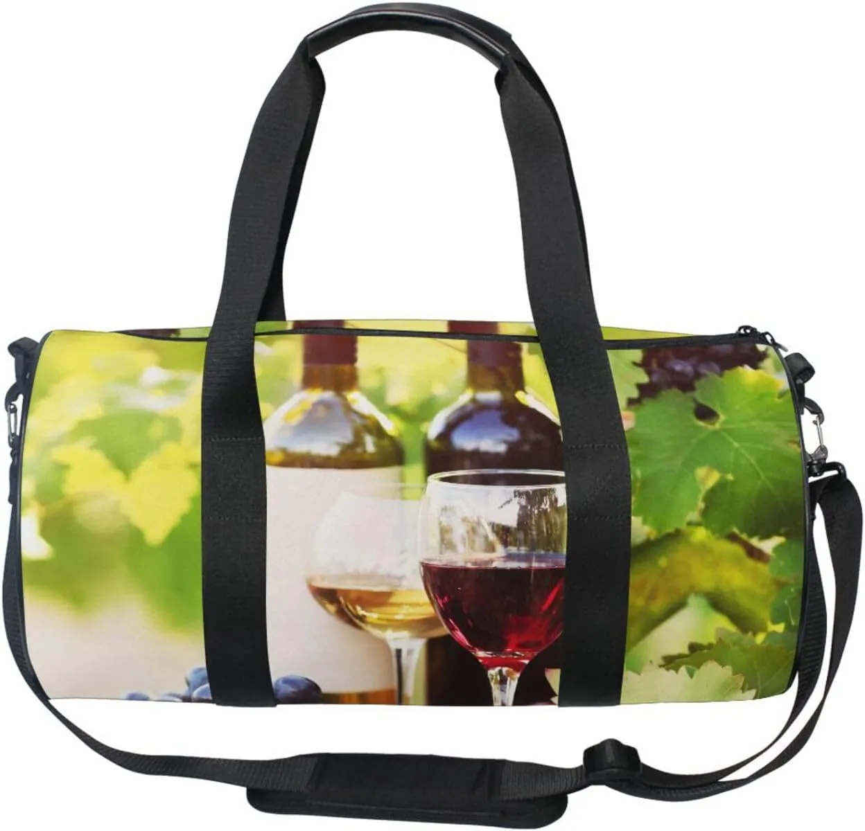 Red Wine Glasses Bottles Grapes with Green Leaves and Wooden Barrels Portable Gym Bag, Travel Bag, Luggage bag, Sports Bag, Toiletry Bag with Handles, Detachable Shoulder Strap 17.6 x 9 x 9 inch