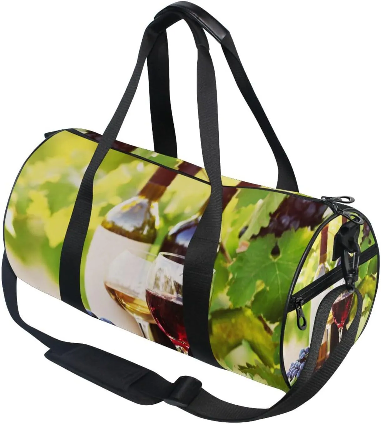 Red Wine Glasses Bottles Grapes with Green Leaves and Wooden Barrels Portable Gym Bag, Travel Bag, Luggage bag, Sports Bag, Toiletry Bag with Handles, Detachable Shoulder Strap 17.6 x 9 x 9 inch