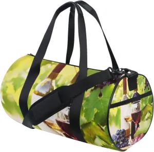 Red Wine Glasses Bottles Grapes with Green Leaves and Wooden Barrels Portable Gym Bag, Travel Bag, Luggage bag, Sports Bag, Toiletry Bag with Handles, Detachable Shoulder Strap 17.6 x 9 x 9 inch