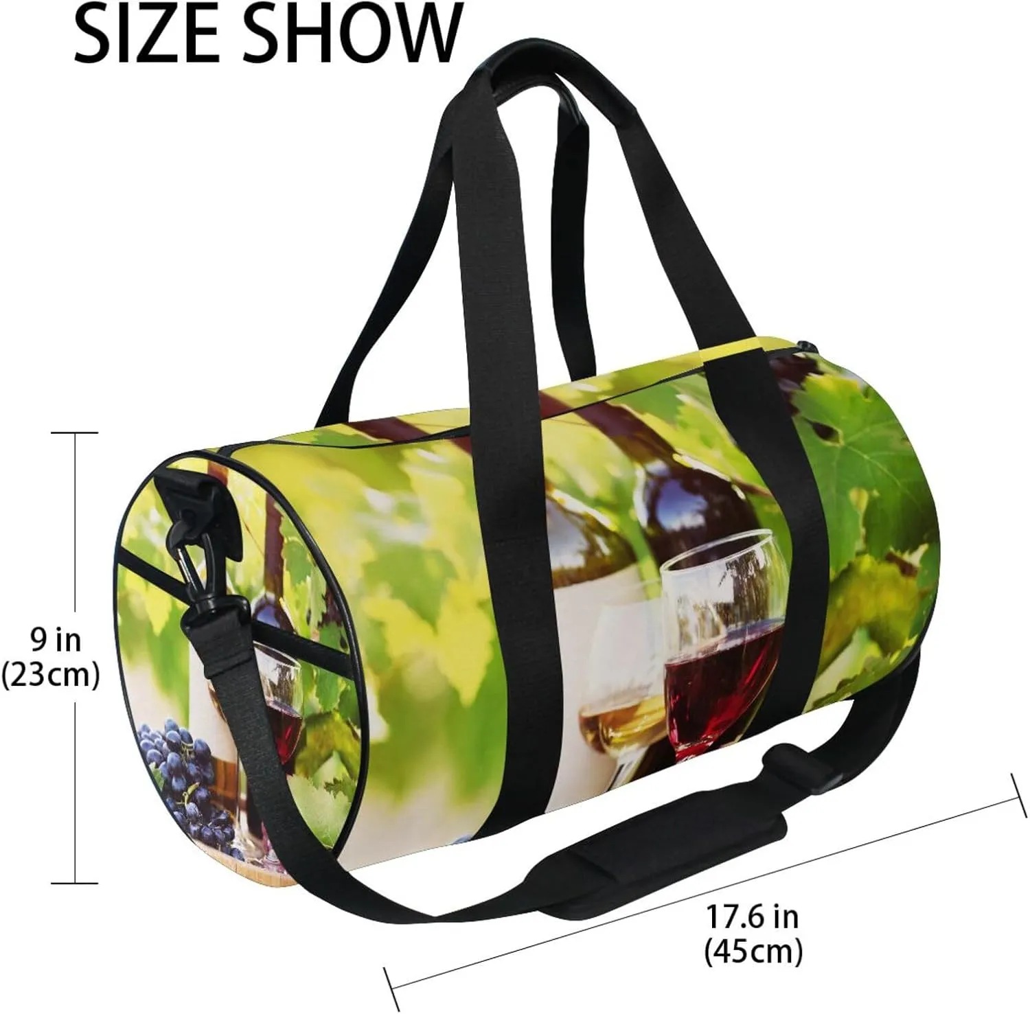 Red Wine Glasses Bottles Grapes with Green Leaves and Wooden Barrels Portable Gym Bag, Travel Bag, Luggage bag, Sports Bag, Toiletry Bag with Handles, Detachable Shoulder Strap 17.6 x 9 x 9 inch
