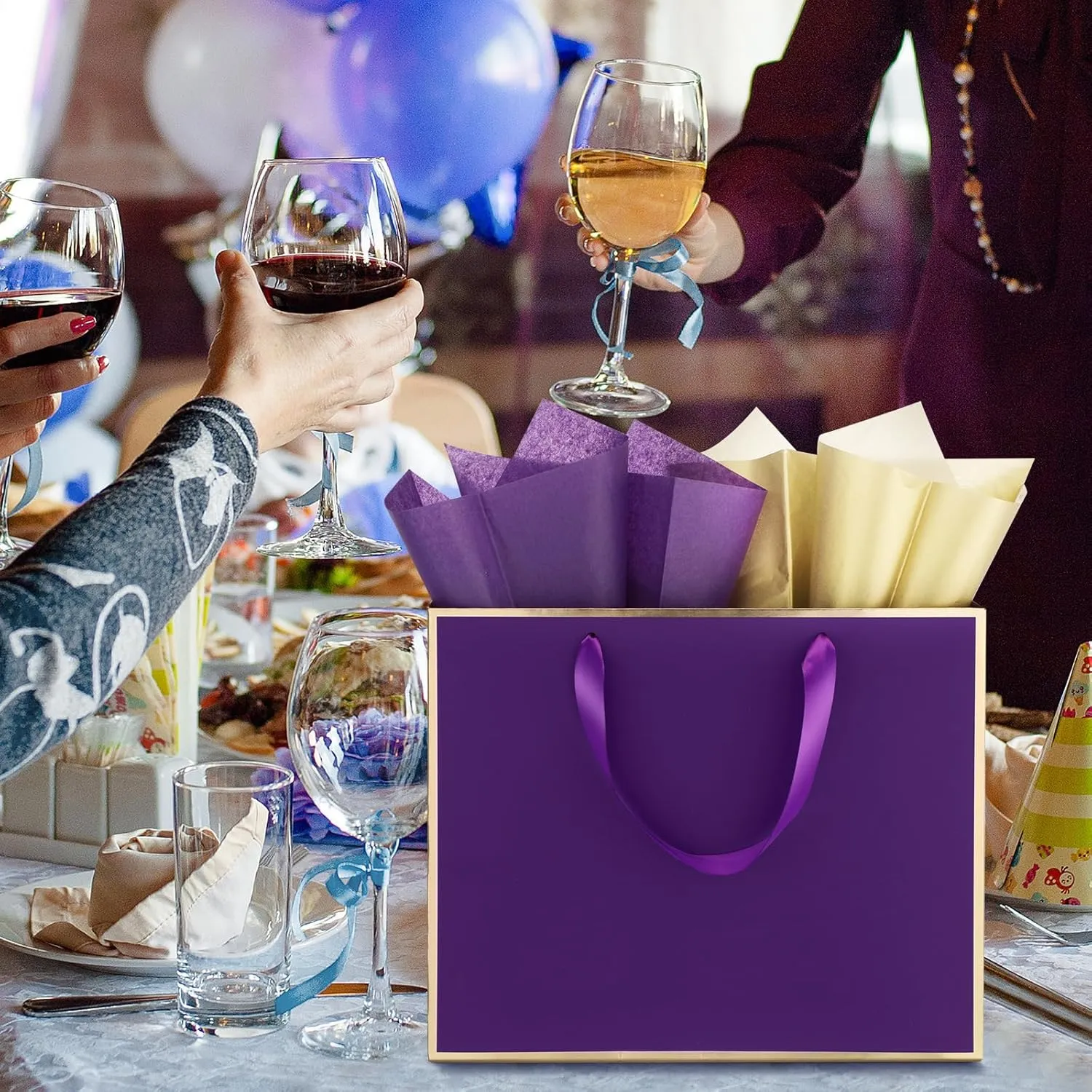 ReliThick 12 Pack Metallic Paper Gift Bag with Handles and Tissue Paper 11.8 x 10 x 4'' Thank You Favor Bag for Wedding Bridesmaid Graduation Groomsmen 5 Senses Birthday Gifts(Dark Purple, Gold)