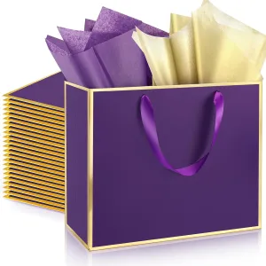 ReliThick 12 Pack Metallic Paper Gift Bag with Handles and Tissue Paper 11.8 x 10 x 4'' Thank You Favor Bag for Wedding Bridesmaid Graduation Groomsmen 5 Senses Birthday Gifts(Dark Purple, Gold)