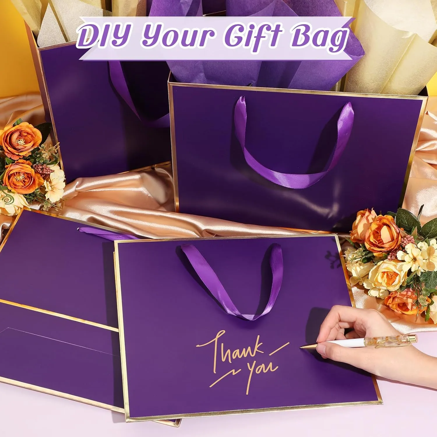 ReliThick 12 Pack Metallic Paper Gift Bag with Handles and Tissue Paper 11.8 x 10 x 4'' Thank You Favor Bag for Wedding Bridesmaid Graduation Groomsmen 5 Senses Birthday Gifts(Dark Purple, Gold)