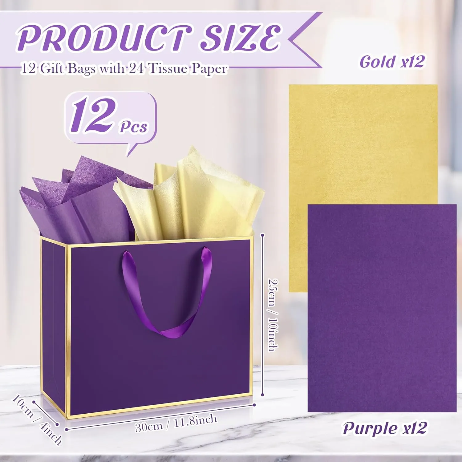 ReliThick 12 Pack Metallic Paper Gift Bag with Handles and Tissue Paper 11.8 x 10 x 4'' Thank You Favor Bag for Wedding Bridesmaid Graduation Groomsmen 5 Senses Birthday Gifts(Dark Purple, Gold)