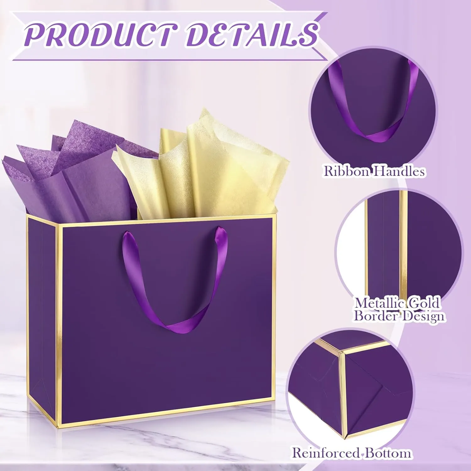 ReliThick 12 Pack Metallic Paper Gift Bag with Handles and Tissue Paper 11.8 x 10 x 4'' Thank You Favor Bag for Wedding Bridesmaid Graduation Groomsmen 5 Senses Birthday Gifts(Dark Purple, Gold)