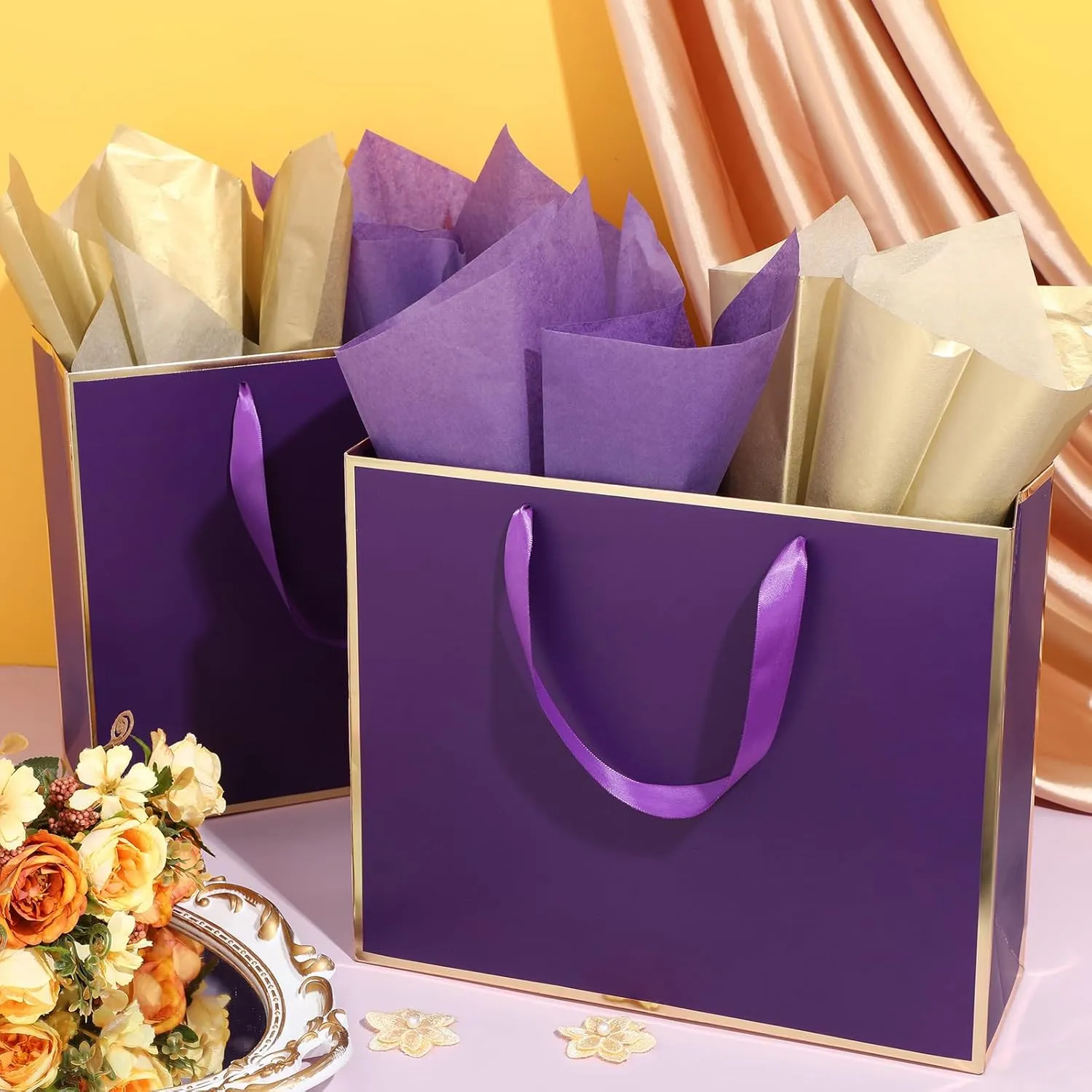 ReliThick 12 Pack Metallic Paper Gift Bag with Handles and Tissue Paper 11.8 x 10 x 4'' Thank You Favor Bag for Wedding Bridesmaid Graduation Groomsmen 5 Senses Birthday Gifts(Dark Purple, Gold)