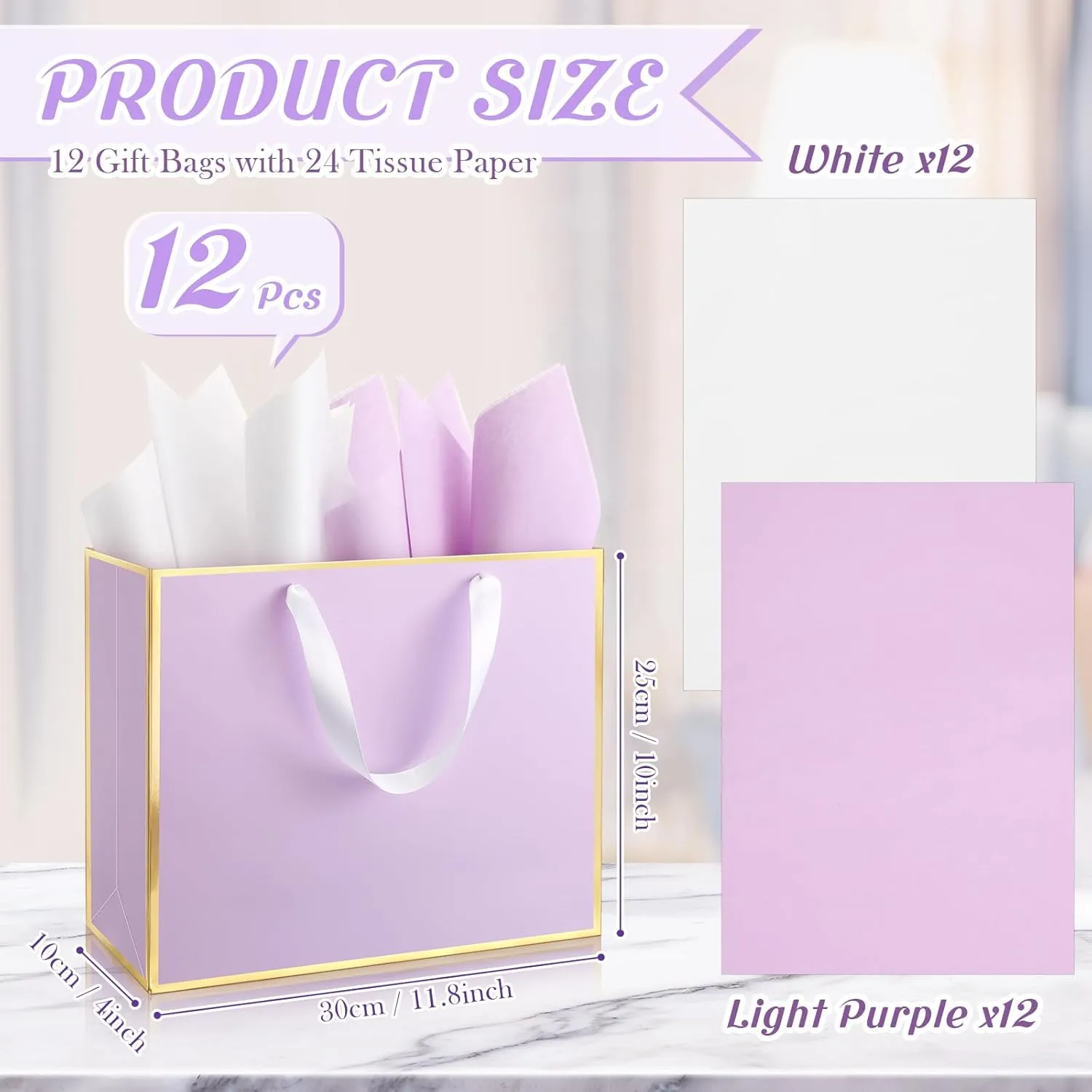 ReliThick 12 Pack Metallic Paper Gift Bag with Handles and Tissue Paper 11.8 x 10 x 4'' Thank You Favor Bag for Wedding Bridesmaid Graduation Groomsmen 5 Senses Birthday Gifts(Lavender, Gold)