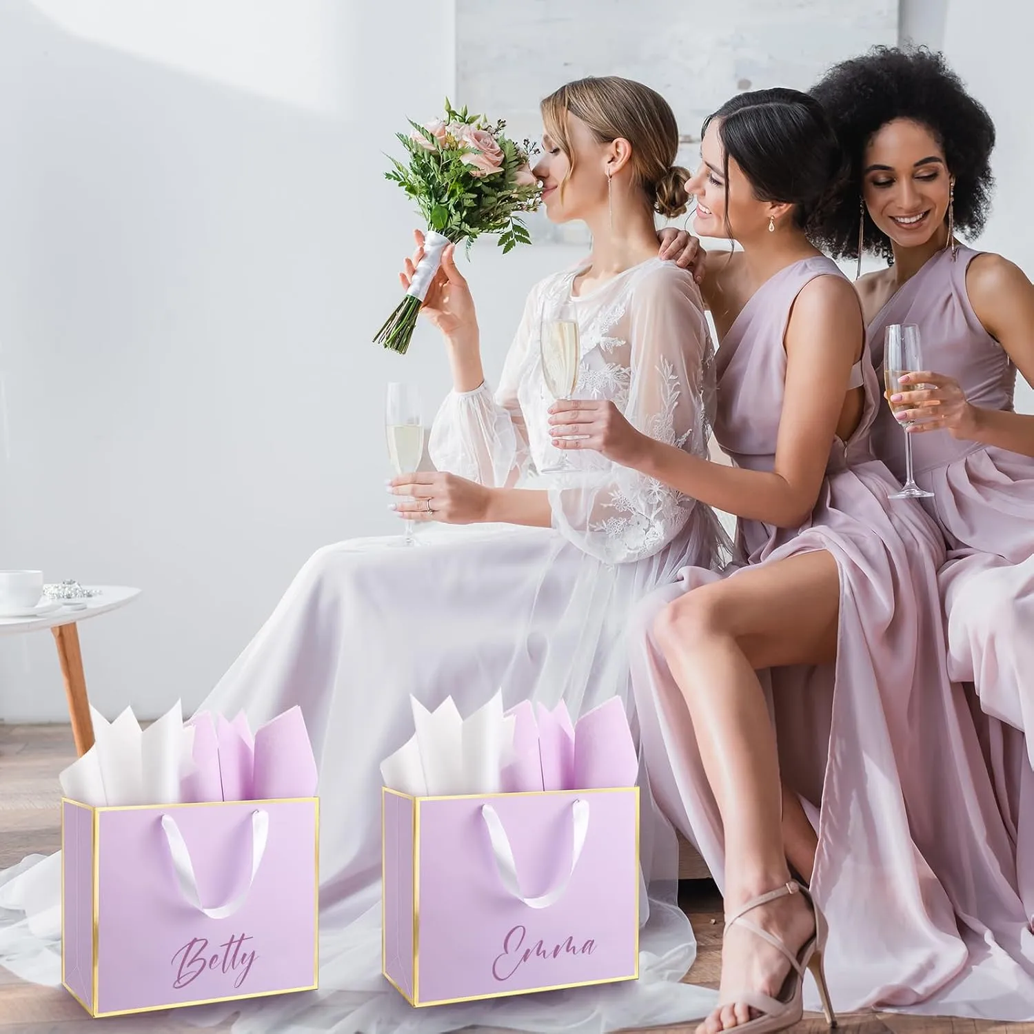 ReliThick 12 Pack Metallic Paper Gift Bag with Handles and Tissue Paper 11.8 x 10 x 4'' Thank You Favor Bag for Wedding Bridesmaid Graduation Groomsmen 5 Senses Birthday Gifts(Lavender, Gold)