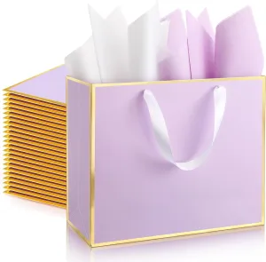 ReliThick 12 Pack Metallic Paper Gift Bag with Handles and Tissue Paper 11.8 x 10 x 4'' Thank You Favor Bag for Wedding Bridesmaid Graduation Groomsmen 5 Senses Birthday Gifts(Lavender, Gold)
