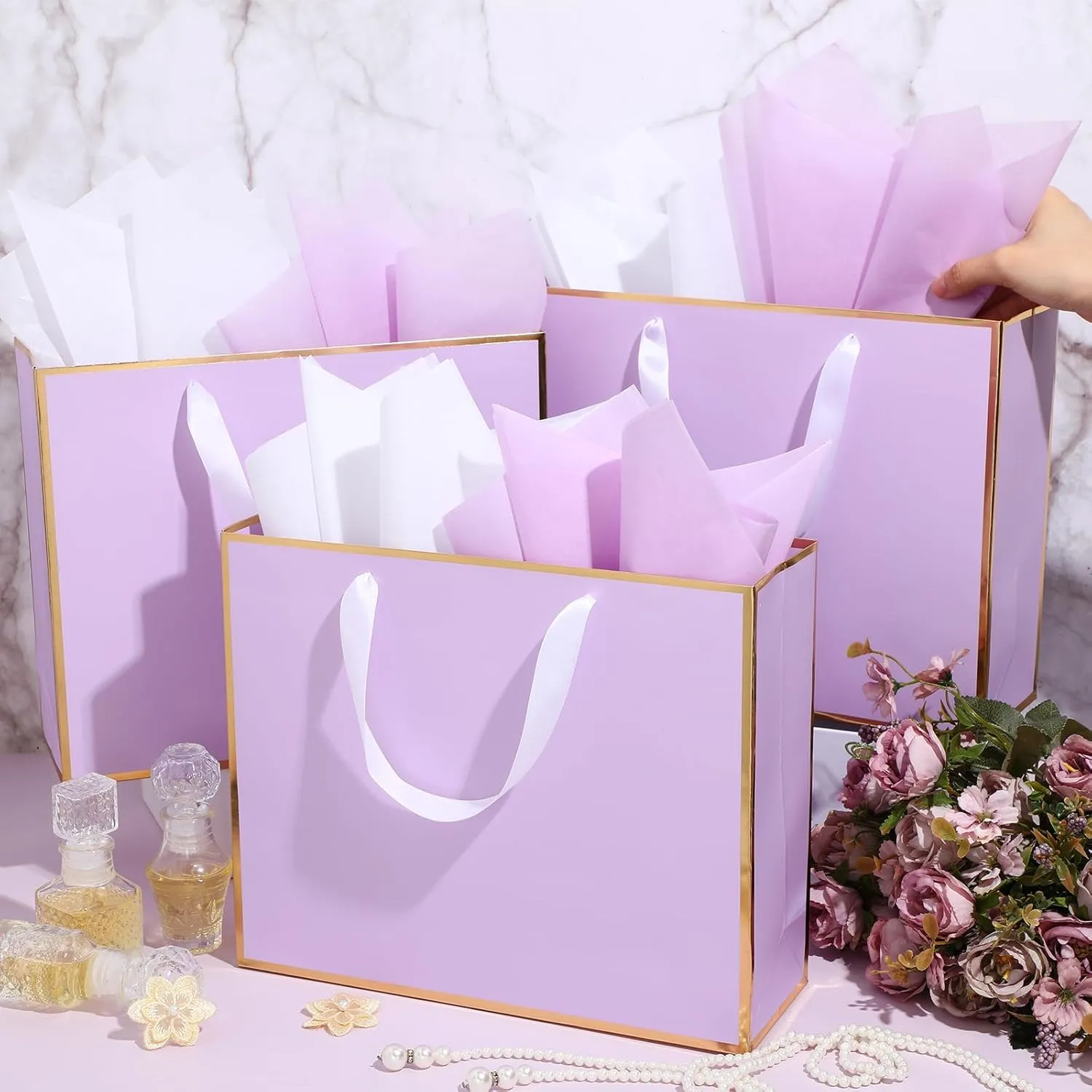ReliThick 12 Pack Metallic Paper Gift Bag with Handles and Tissue Paper 11.8 x 10 x 4'' Thank You Favor Bag for Wedding Bridesmaid Graduation Groomsmen 5 Senses Birthday Gifts(Lavender, Gold)