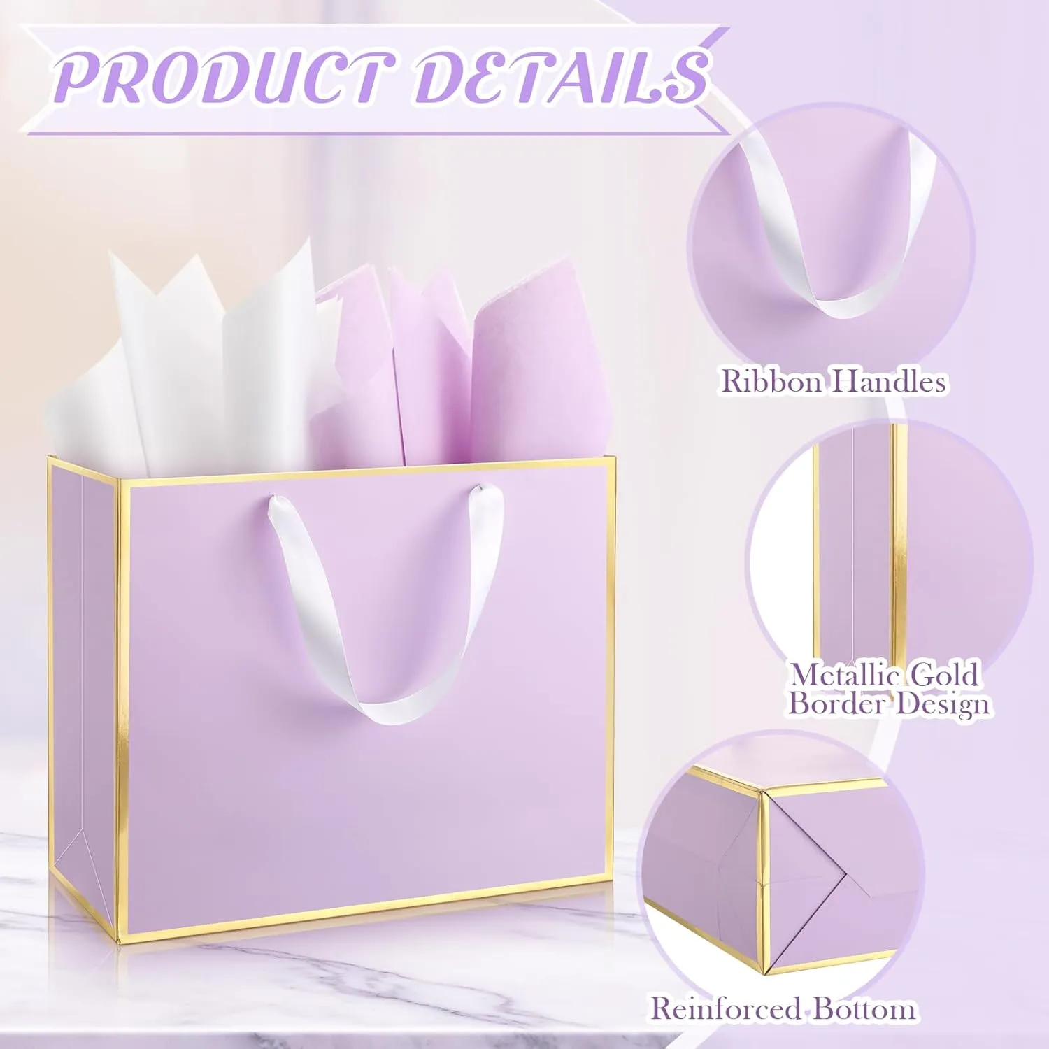 ReliThick 12 Pack Metallic Paper Gift Bag with Handles and Tissue Paper 11.8 x 10 x 4'' Thank You Favor Bag for Wedding Bridesmaid Graduation Groomsmen 5 Senses Birthday Gifts(Lavender, Gold)