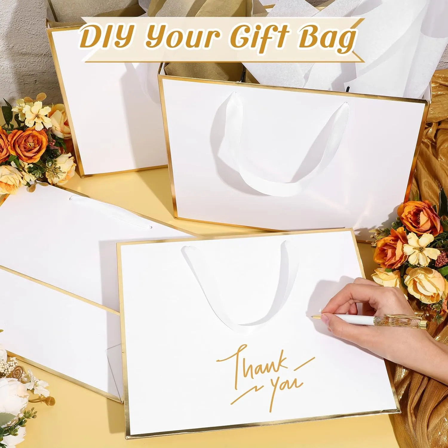 ReliThick 12 Pack Metallic Paper Gift Bag with Handles and Tissue Paper 11.8 x 10 x 4'' Thank You Favor Bag for Wedding Bridesmaid Graduation Groomsmen 5 Senses Birthday Gifts(White, Gold)