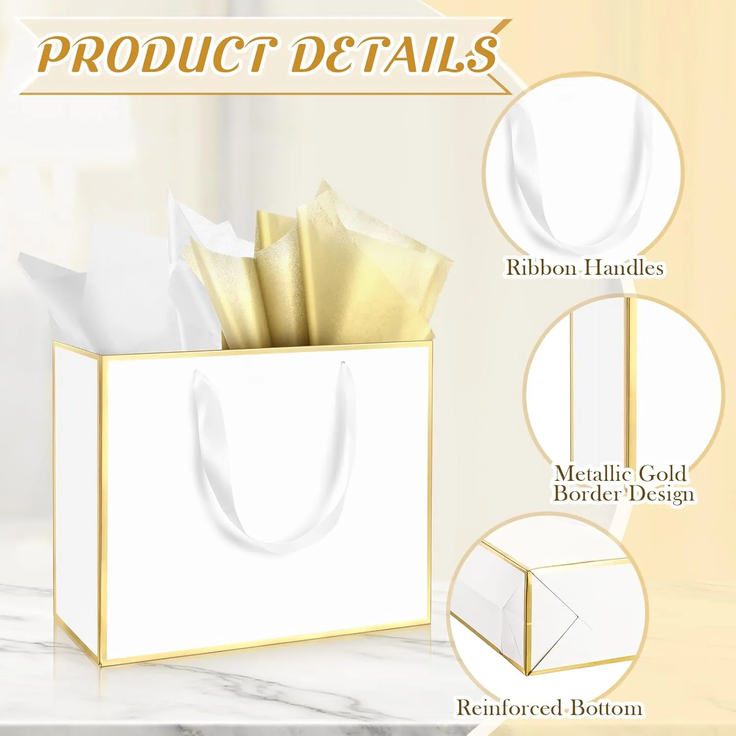 ReliThick 12 Pack Metallic Paper Gift Bag with Handles and Tissue Paper 11.8 x 10 x 4'' Thank You Favor Bag for Wedding Bridesmaid Graduation Groomsmen 5 Senses Birthday Gifts(White, Gold)