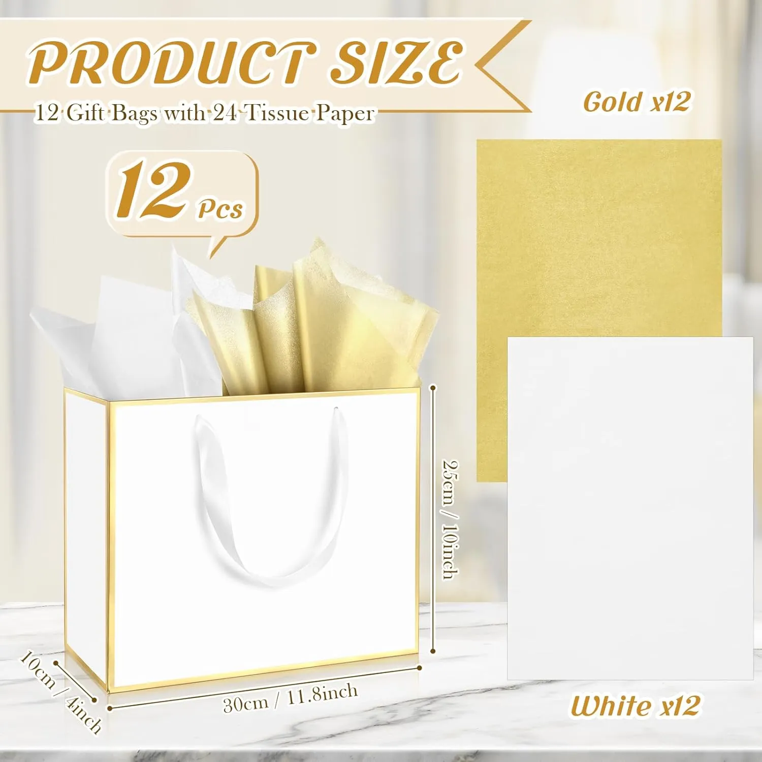 ReliThick 12 Pack Metallic Paper Gift Bag with Handles and Tissue Paper 11.8 x 10 x 4'' Thank You Favor Bag for Wedding Bridesmaid Graduation Groomsmen 5 Senses Birthday Gifts(White, Gold)
