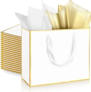 ReliThick 12 Pack Metallic Paper Gift Bag with Handles and Tissue Paper 11.8 x 10 x 4'' Thank You Favor Bag for Wedding Bridesmaid Graduation Groomsmen 5 Senses Birthday Gifts(White, Gold)