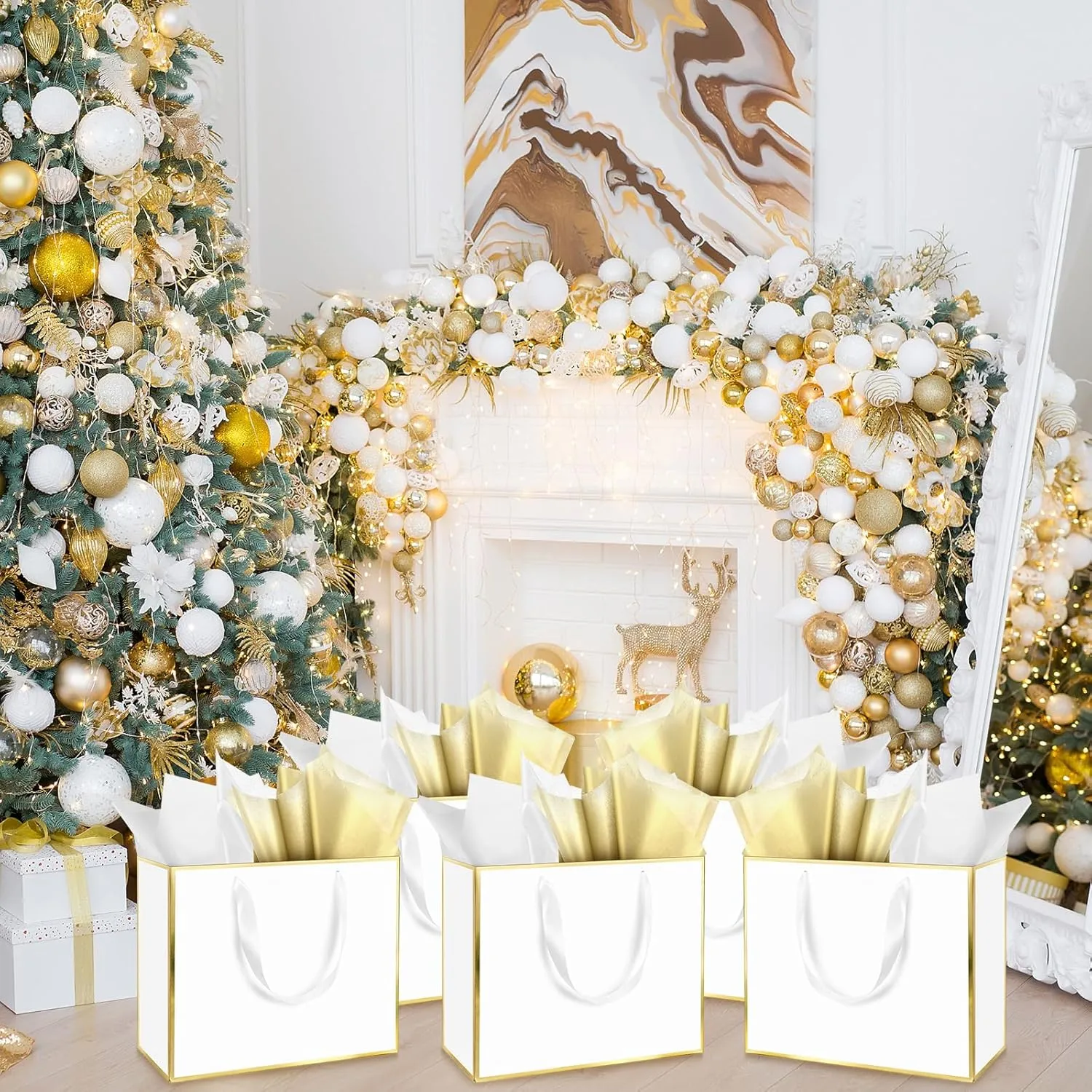ReliThick 12 Pack Metallic Paper Gift Bag with Handles and Tissue Paper 11.8 x 10 x 4'' Thank You Favor Bag for Wedding Bridesmaid Graduation Groomsmen 5 Senses Birthday Gifts(White, Gold)
