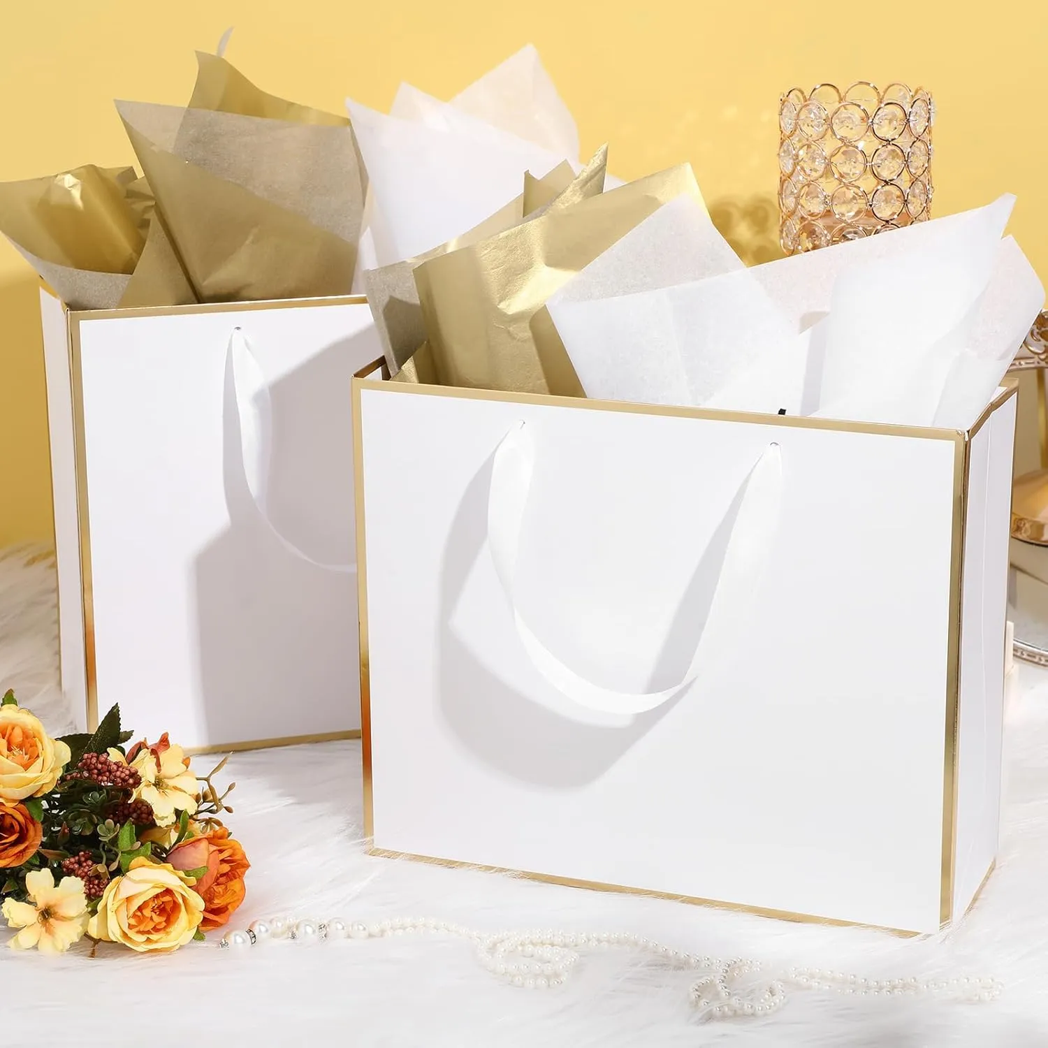 ReliThick 12 Pack Metallic Paper Gift Bag with Handles and Tissue Paper 11.8 x 10 x 4'' Thank You Favor Bag for Wedding Bridesmaid Graduation Groomsmen 5 Senses Birthday Gifts(White, Gold)