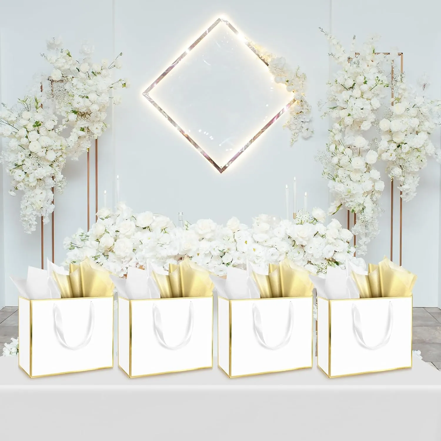 ReliThick 12 Pack Metallic Paper Gift Bag with Handles and Tissue Paper 11.8 x 10 x 4'' Thank You Favor Bag for Wedding Bridesmaid Graduation Groomsmen 5 Senses Birthday Gifts(White, Gold)