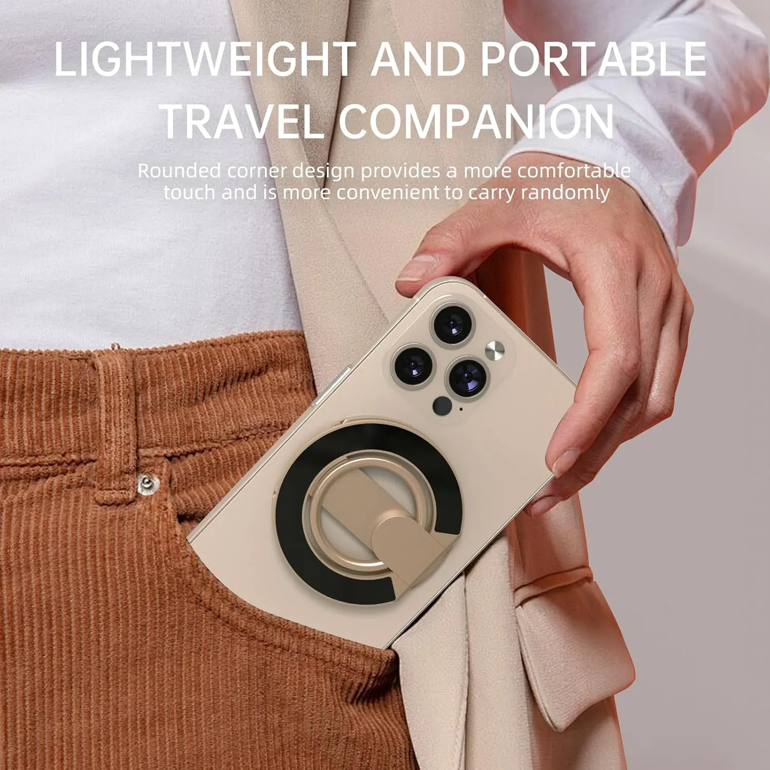 RESPECTEC BRO Magnetic-Phone-Ring-Holder with Dual Rings, Compatible with iPhone 16/15/14/13/12, Multifunctional Stand for Desk,Office,Gym,Kitchen & All Metal Surfaces, Finger Loop Grip (Desert Gold)