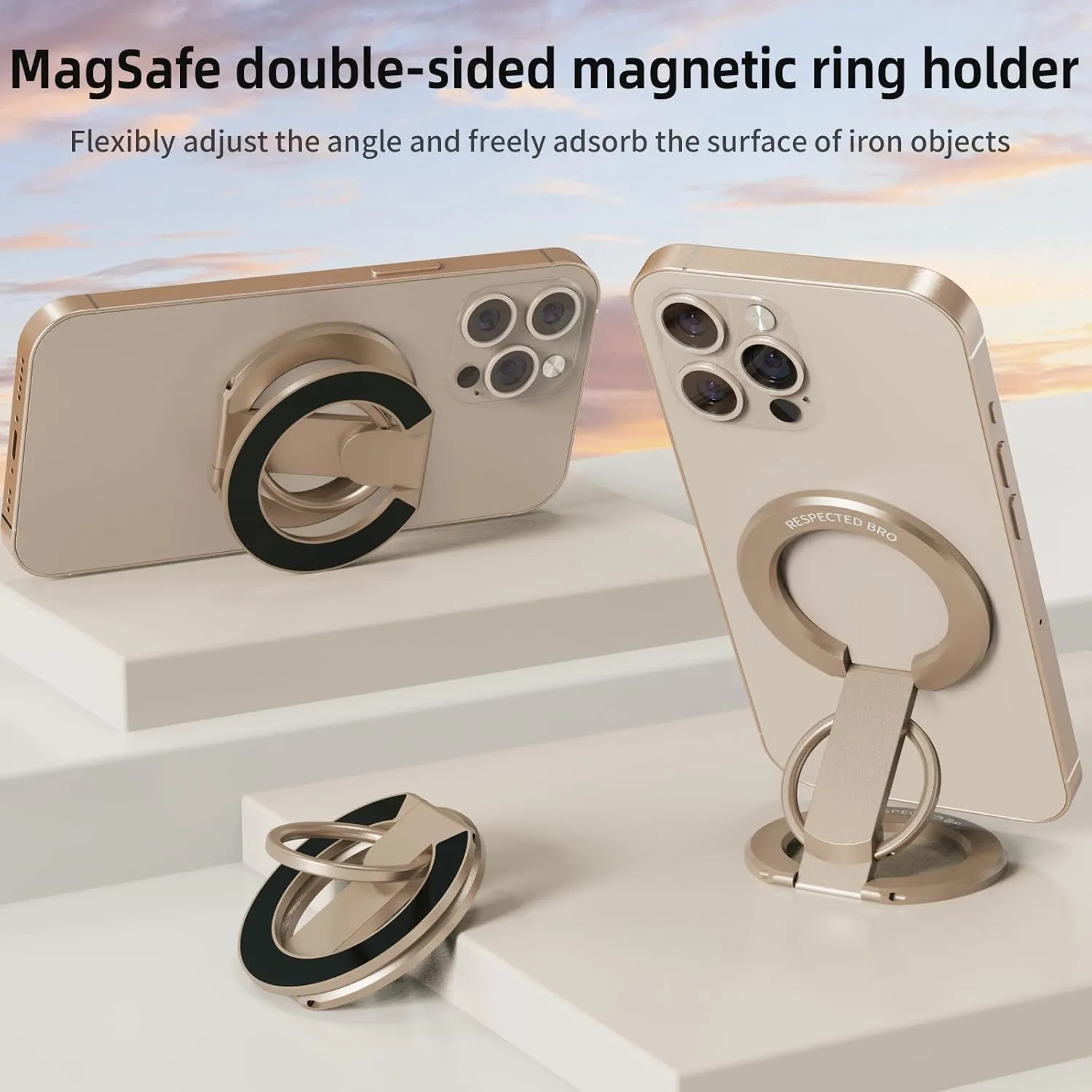 RESPECTEC BRO Magnetic-Phone-Ring-Holder with Dual Rings, Compatible with iPhone 16/15/14/13/12, Multifunctional Stand for Desk,Office,Gym,Kitchen & All Metal Surfaces, Finger Loop Grip (Desert Gold)