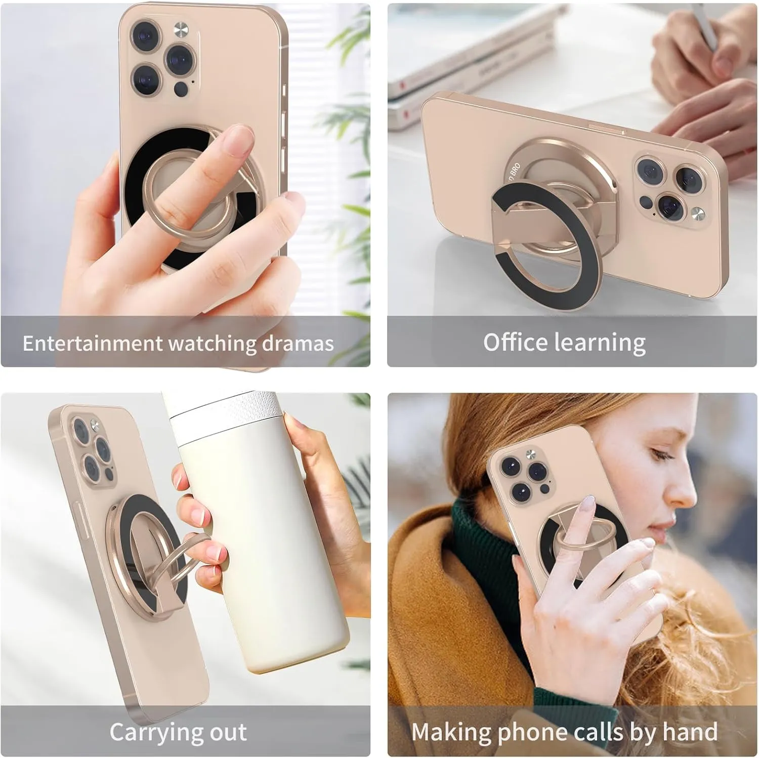 RESPECTEC BRO Magnetic-Phone-Ring-Holder with Dual Rings, Compatible with iPhone 16/15/14/13/12, Multifunctional Stand for Desk,Office,Gym,Kitchen & All Metal Surfaces, Finger Loop Grip (Desert Gold)