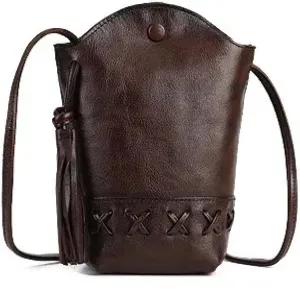 Retro First Layer Cowhide Braided Mobile Phone Mini Crossbody Shoulder Casual Tassel Bucket Women's Bag