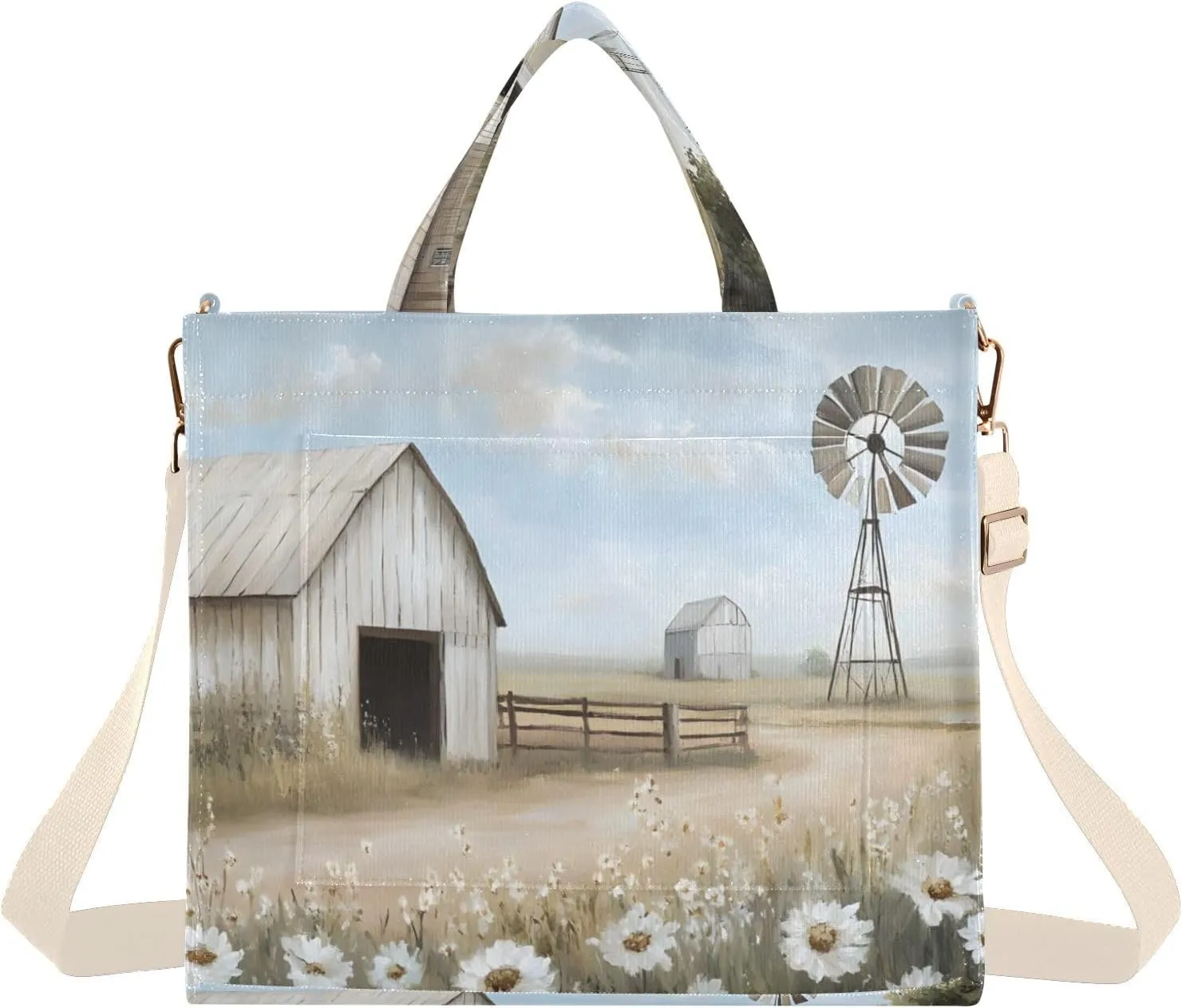 Retro Windmill Daisy Barn Corduroy Tote Bag for Women Large Shoulder Bag with Pockets for Beach Work Travel Shopping S