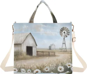 Retro Windmill Daisy Barn Corduroy Tote Bag for Women Large Shoulder Bag with Pockets for Beach Work Travel Shopping S