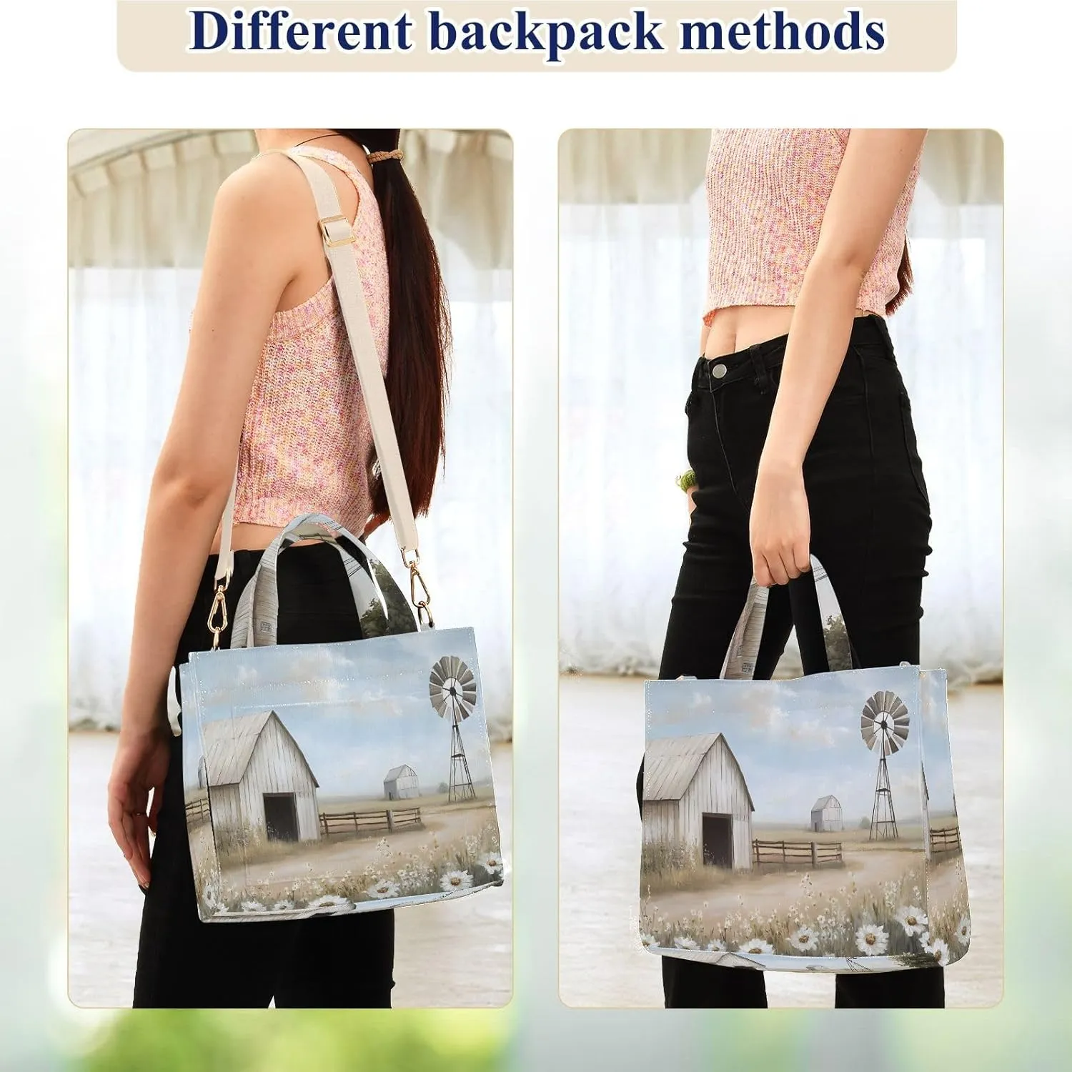 Retro Windmill Daisy Barn Corduroy Tote Bag for Women Large Shoulder Bag with Pockets for Beach Work Travel Shopping S
