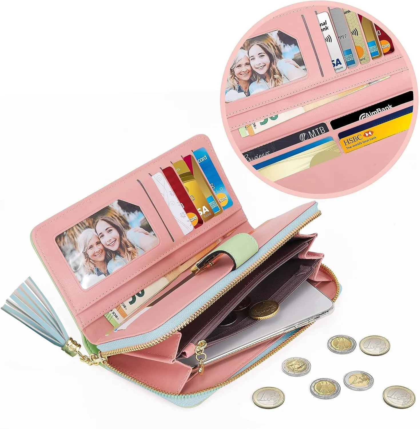 RFID Blocking Leather Wallets Phone Wallets for Women with Multiple Card Slots and Cellphone Compartment, Fresh Blue Green