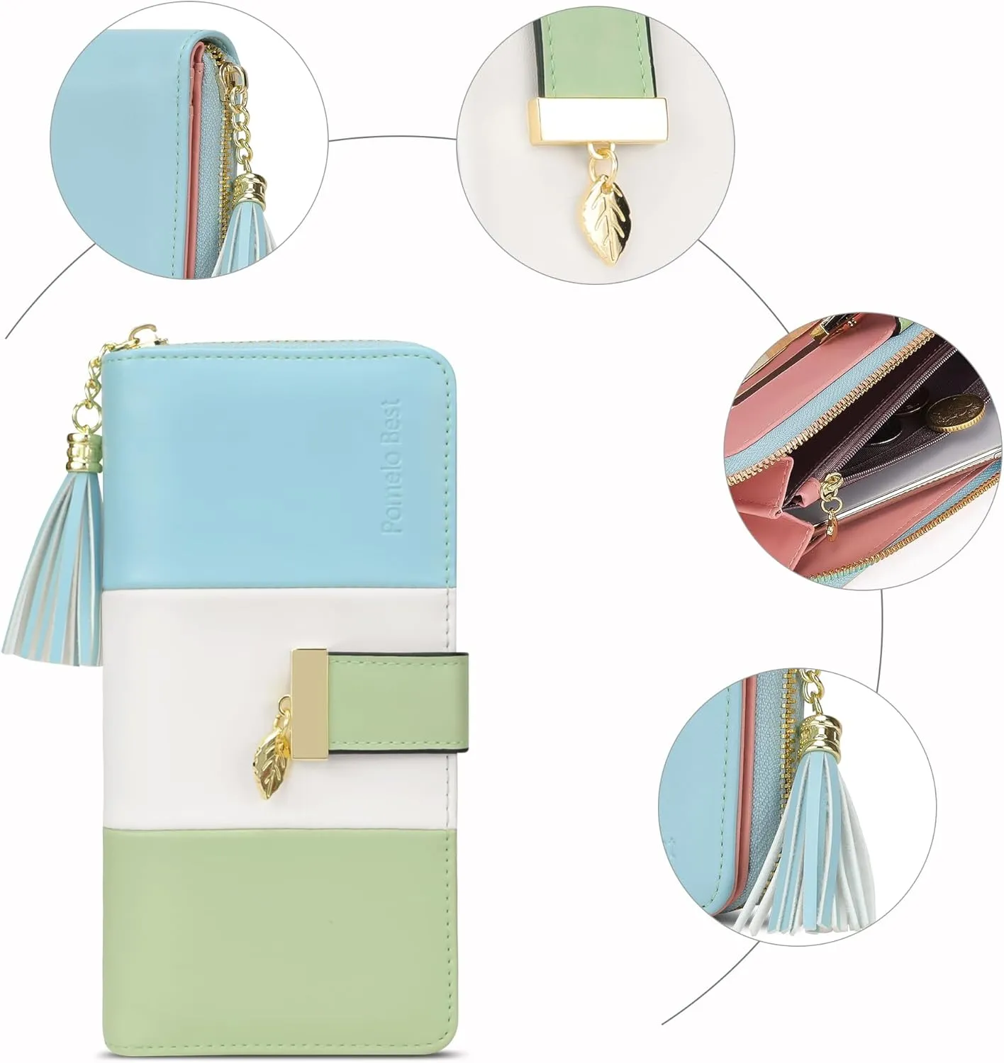 RFID Blocking Leather Wallets Phone Wallets for Women with Multiple Card Slots and Cellphone Compartment, Fresh Blue Green