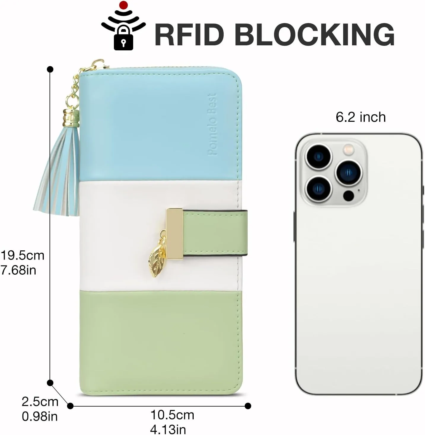 RFID Blocking Leather Wallets Phone Wallets for Women with Multiple Card Slots and Cellphone Compartment, Fresh Blue Green
