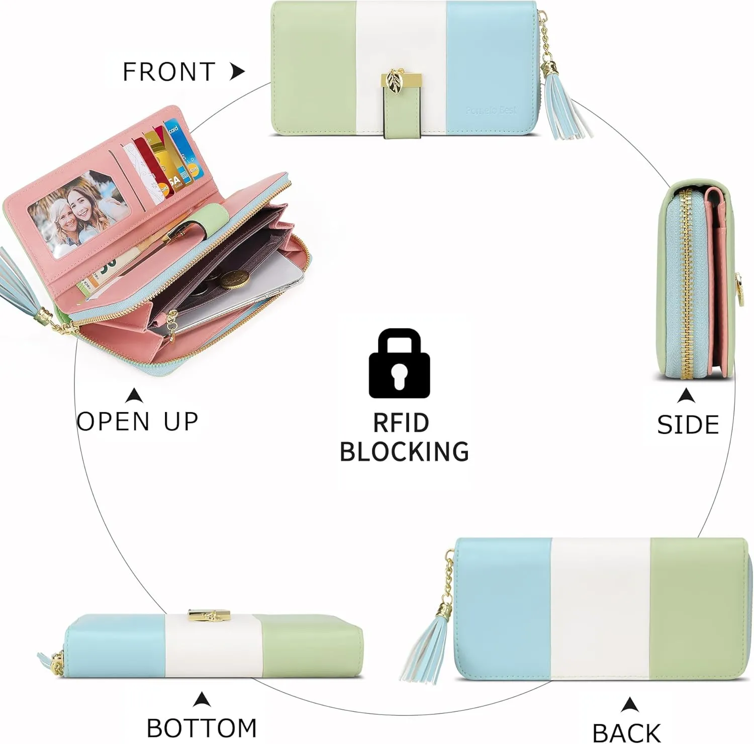 RFID Blocking Leather Wallets Phone Wallets for Women with Multiple Card Slots and Cellphone Compartment, Fresh Blue Green