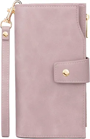 RFID Wallets Women Phone Cluth with Detachable Wristlet Strap, 2 ID Windows, 18 Card Slots, Zip Snap Pockets