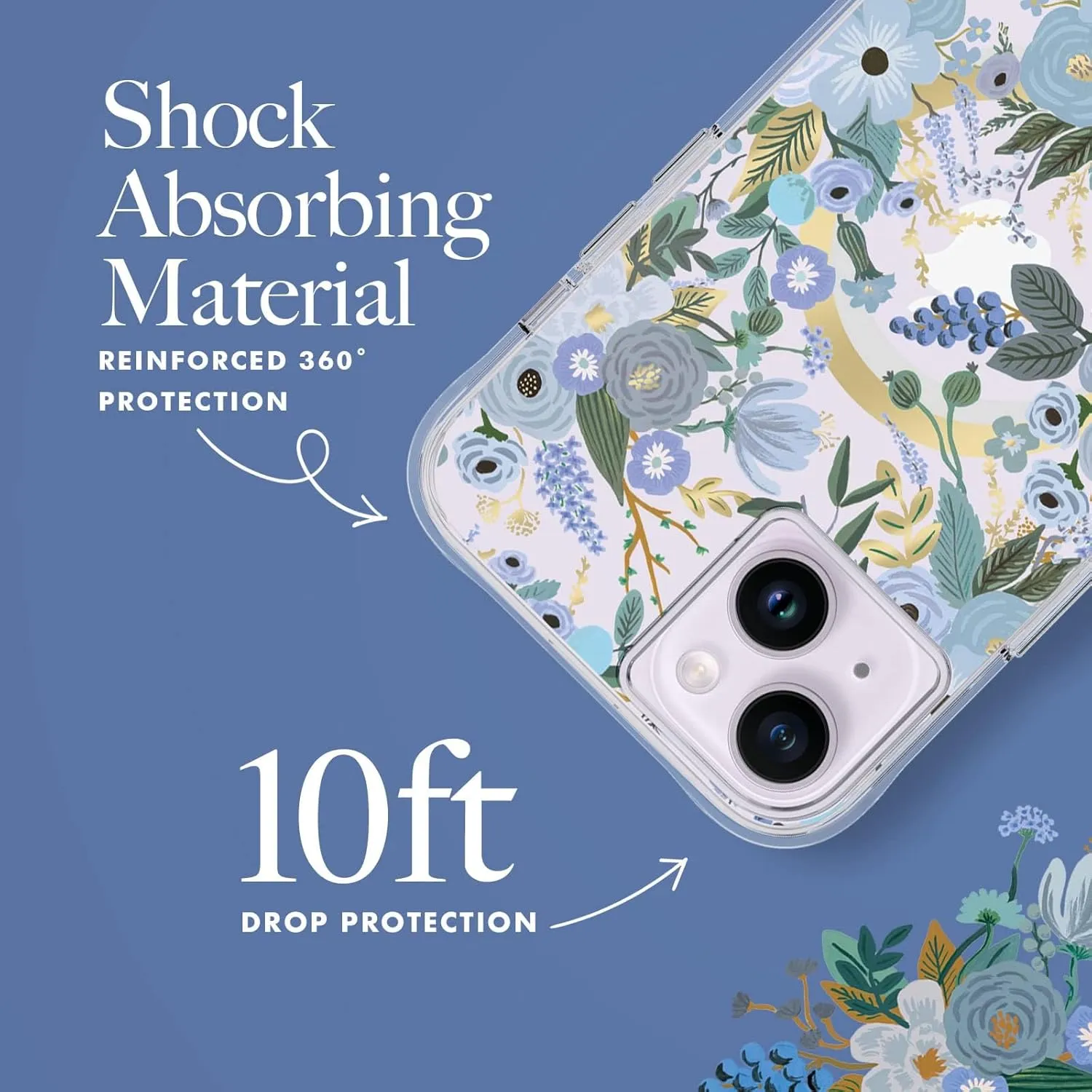 Rifle Paper Co iPhone 15 Plus / 14 Plus 6.7" Case [Compatible with MagSafe] [10ft Drop Protection] Cute with Floral Pattern, Anti-Scratch Tech, Shockproof Material, Slim Fit - Garden Party Blue