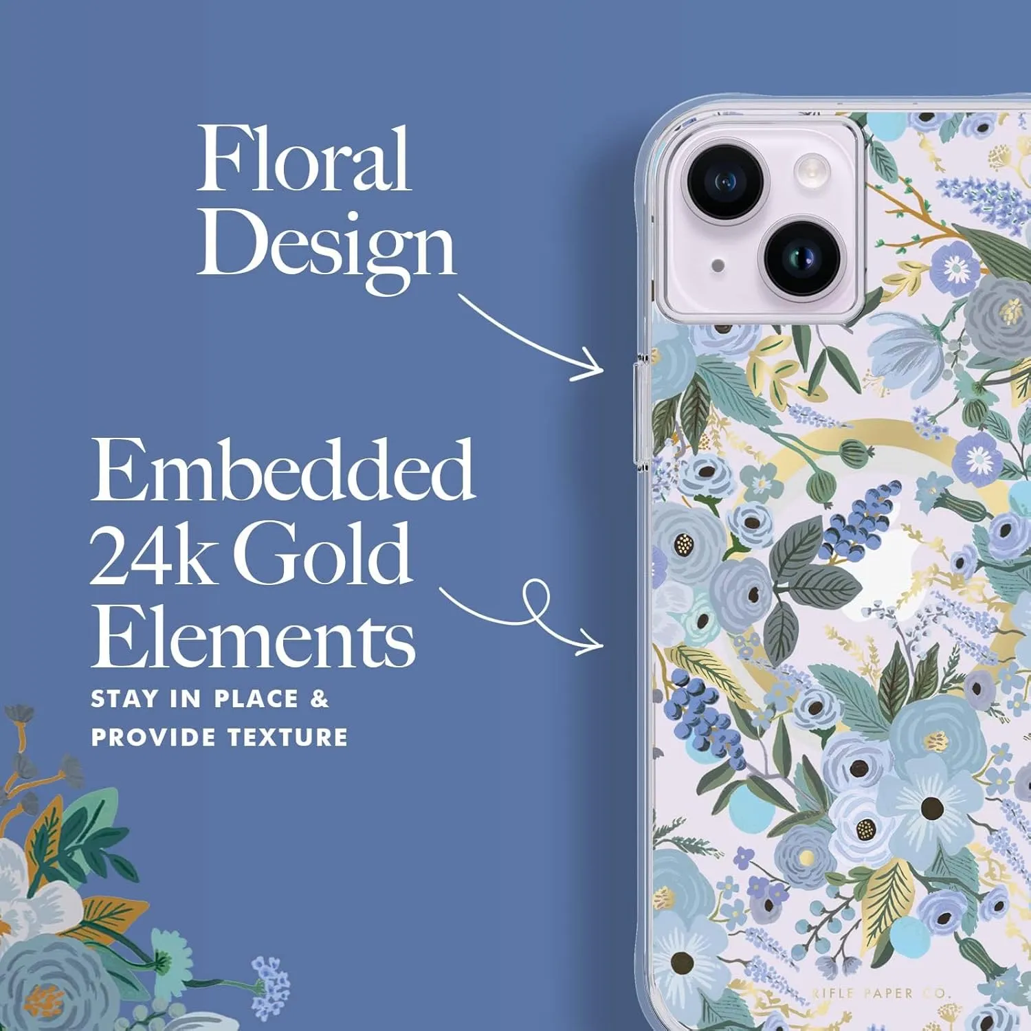 Rifle Paper Co iPhone 15 Plus / 14 Plus 6.7" Case [Compatible with MagSafe] [10ft Drop Protection] Cute with Floral Pattern, Anti-Scratch Tech, Shockproof Material, Slim Fit - Garden Party Blue