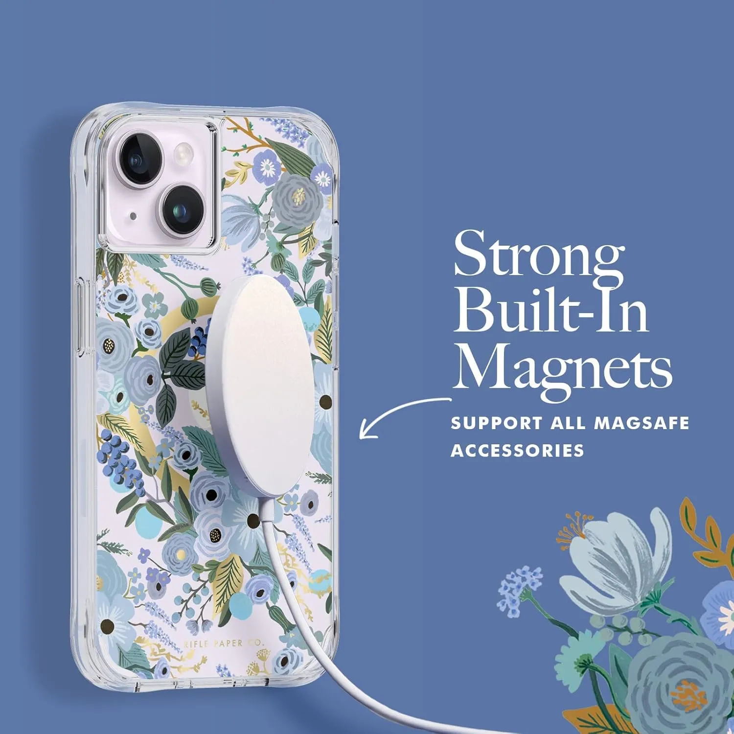 Rifle Paper Co iPhone 15 Plus / 14 Plus 6.7" Case [Compatible with MagSafe] [10ft Drop Protection] Cute with Floral Pattern, Anti-Scratch Tech, Shockproof Material, Slim Fit - Garden Party Blue