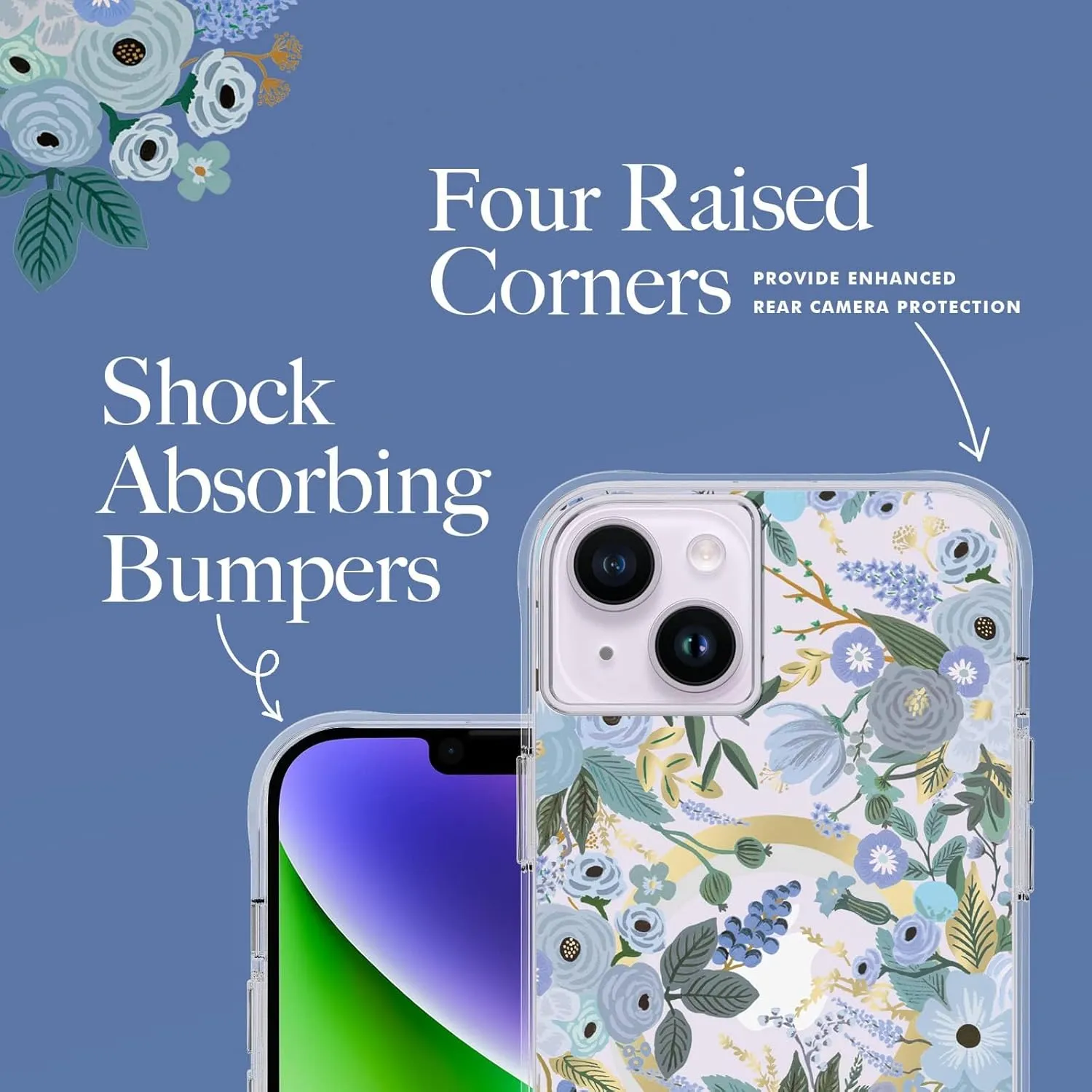 Rifle Paper Co iPhone 15 Plus / 14 Plus 6.7" Case [Compatible with MagSafe] [10ft Drop Protection] Cute with Floral Pattern, Anti-Scratch Tech, Shockproof Material, Slim Fit - Garden Party Blue