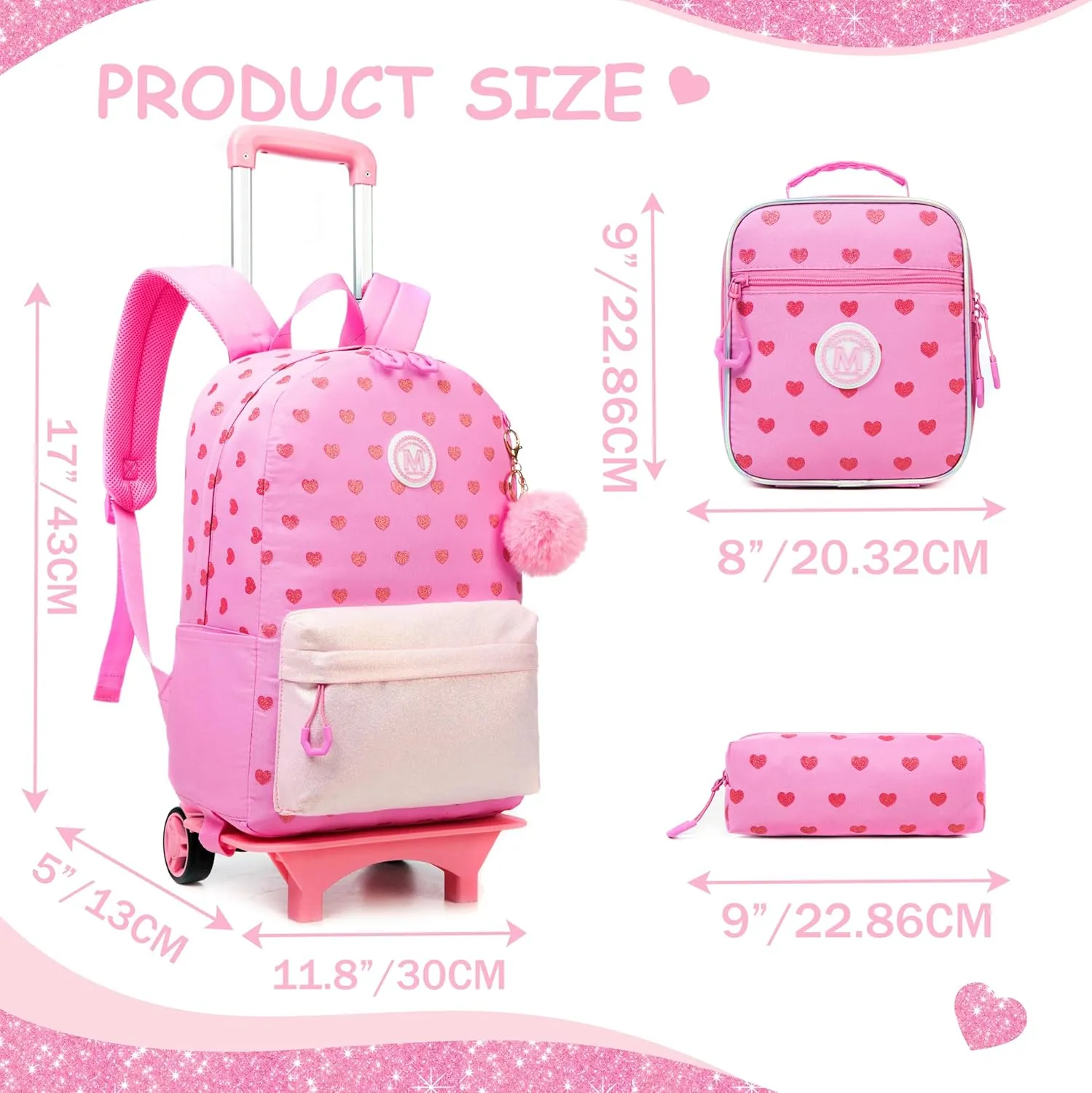 Rolling Backpack for Girls 8-12 Pink School Backpack for Girls Backpack with Wheels for Kids Travel Aesthetic Backpack for Elementary School Trolley Wheeled Luggage for Teens