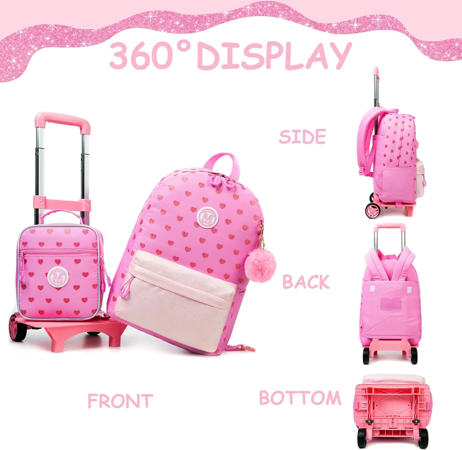Rolling Backpack for Girls 8-12 Pink School Backpack for Girls Backpack with Wheels for Kids Travel Aesthetic Backpack for Elementary School Trolley Wheeled Luggage for Teens