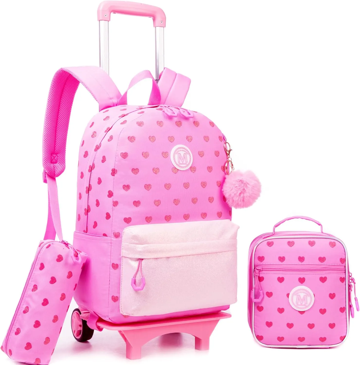Rolling Backpack for Girls 8-12 Pink School Backpack for Girls Backpack with Wheels for Kids Travel Aesthetic Backpack for Elementary School Trolley Wheeled Luggage for Teens
