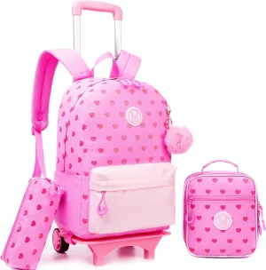 Rolling Backpack for Girls 8-12 Pink School Backpack for Girls Backpack with Wheels for Kids Travel Aesthetic Backpack for Elementary School Trolley Wheeled Luggage for Teens