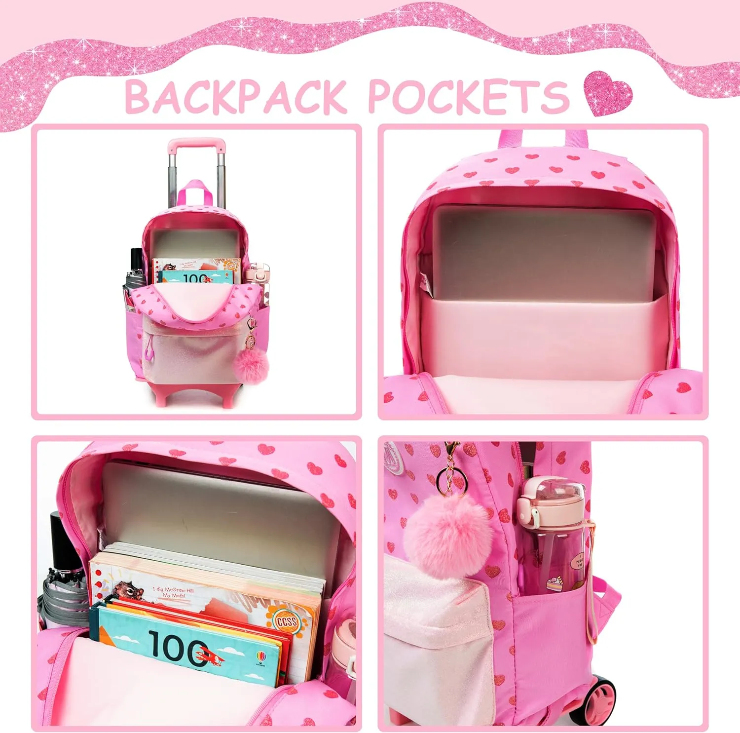 Rolling Backpack for Girls 8-12 Pink School Backpack for Girls Backpack with Wheels for Kids Travel Aesthetic Backpack for Elementary School Trolley Wheeled Luggage for Teens