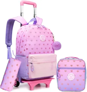 Rolling Backpack for Girls 8-12 Travel Backpack with Wheels for Girls Backpacks for Girls Teenagers Trolley School Bags with Lunch Box Roller School Bag with Wheels Backpacks Set for Teen