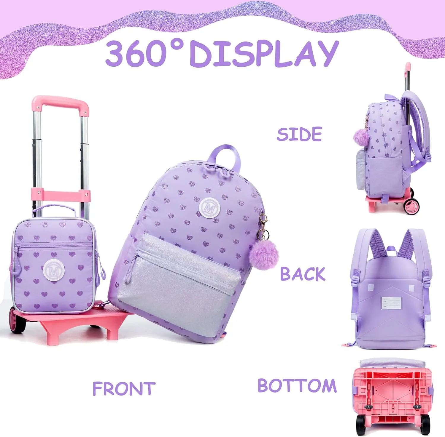 Rolling Backpack for Girls Purple Backpack with Wheels for School Backpacks Set for Teen Backpack with Wheels for Kids Travel Backpack for School Student Trip with Lunch Box