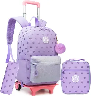 Rolling Backpack for Girls Purple Backpack with Wheels for School Backpacks Set for Teen Backpack with Wheels for Kids Travel Backpack for School Student Trip with Lunch Box
