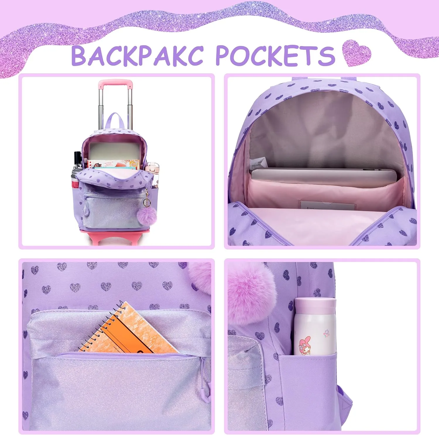 Rolling Backpack for Girls Purple Backpack with Wheels for School Backpacks Set for Teen Backpack with Wheels for Kids Travel Backpack for School Student Trip with Lunch Box